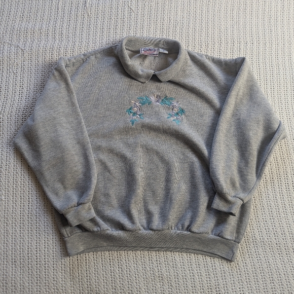 VTG Grandma Sweater Womens Small Collared Embroidered Floral Sports Accent Brand - Picture 1 of 7